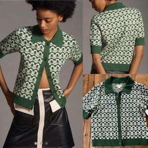 Anthropologie Maeve Green and White Patterned Cardigan, nwt, size xl